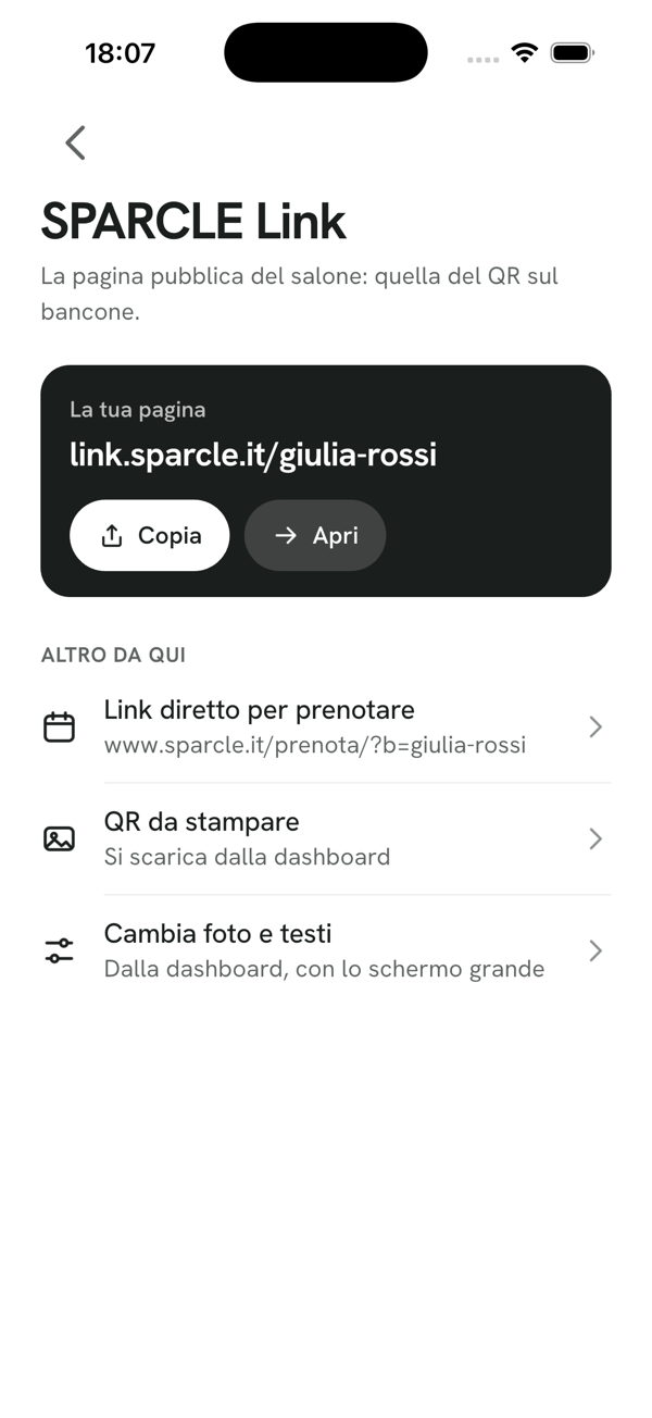 La schermata dell'app da cui si modifica il proprio link
